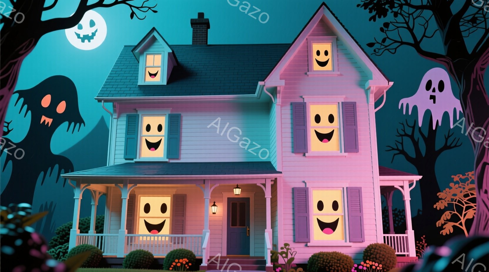 ピンク色の可愛らしい家が、夜の暗い背景に浮かび上がっています。窓には笑顔の顔が描かれ、家の周りには不気味なシルエットの幽霊が漂い、ハロウィンの雰囲気を作り出しています。背景には黒い木々と満月が描かれ、夜空と家のピンク色が対照的で、少し不気味ながらも愛らしい雰囲気を醸し出しています。