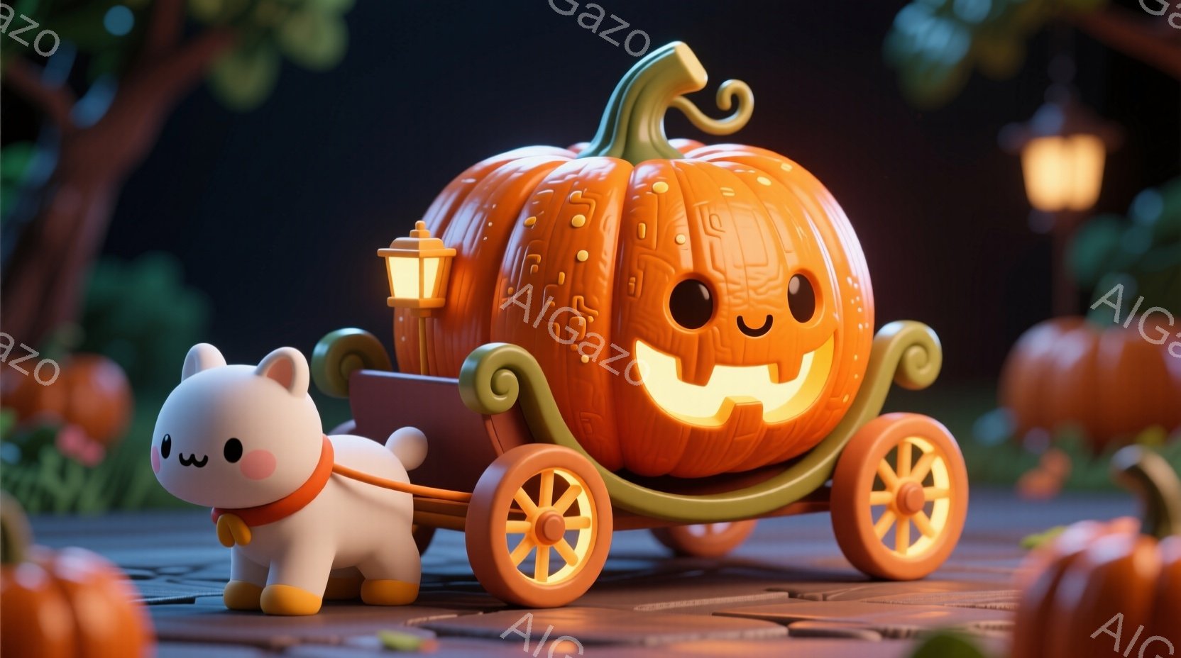 温かみのあるオレンジ色のカボチャで作られた馬車が、小さな白い犬に引かれています。犬は丸く可愛らしいフォルムで、楽しそうに馬車を引いています。背景には、他のカボチャや木々が点在し、穏やかで幻想的な秋の夜 - AI生成フリー素材