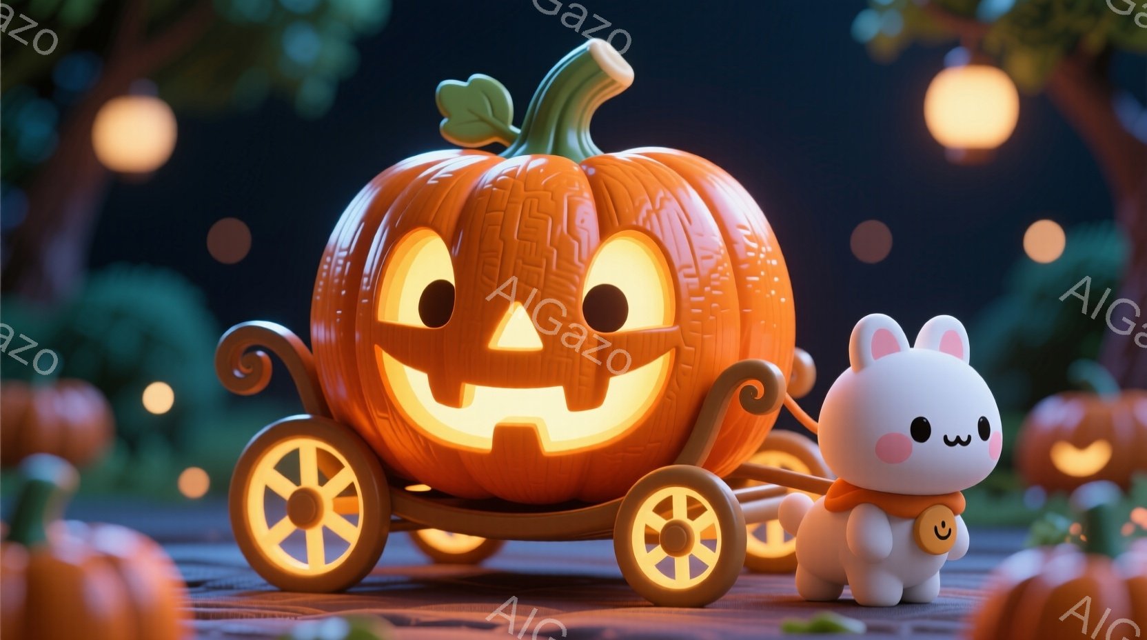かぼちゃの形をした車が、レンガの道を進んでいます。かわいらしいウサギの人形が、かぼちゃ車に小さなカートを引っ張らせています。背景には、ぼんやりとしたオレンジ色の建物と、ぼかすように光る丸い光があり、ハ - AI生成フリー素材