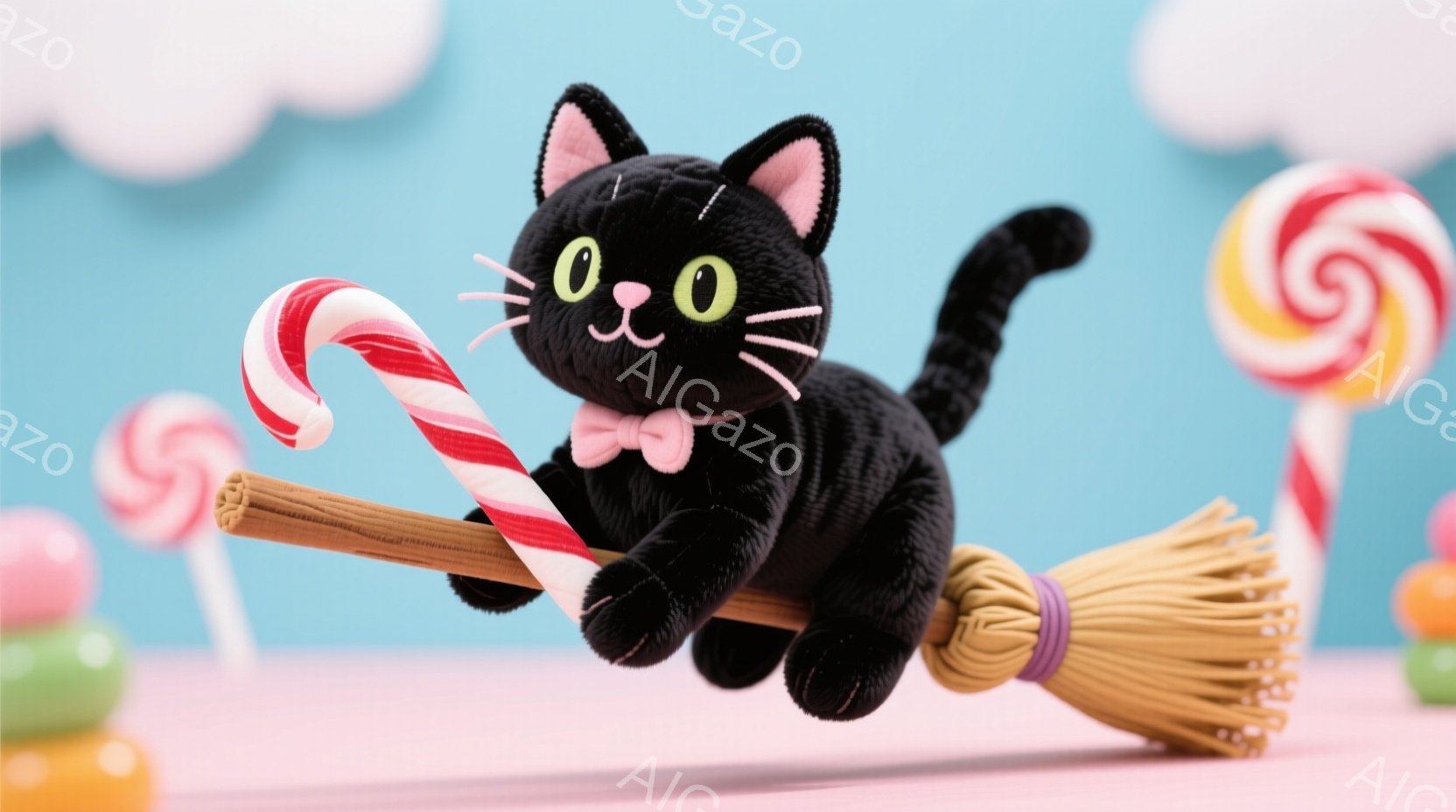 黒い猫がほうきに乗って空を飛んでいる様子が描かれています。猫はピンク色のリボンをつけており、笑顔で前を見つめています。背景にはキャンディや雲があり、明るく楽しい雰囲気を醸し出しています。 - AI生成フリー素材
