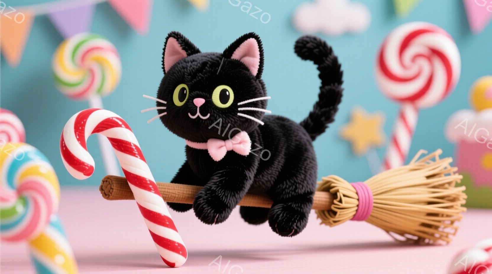 黒い猫がほうきにまたがり、空を飛んでいるように見えます。ピンク色のリボンが首に巻かれ、幸せそうな表情をしています。背景にはカラフルなキャンディや雲が浮かび、お祭りや夢のような楽しい雰囲気を醸し出してい - AI生成フリー素材