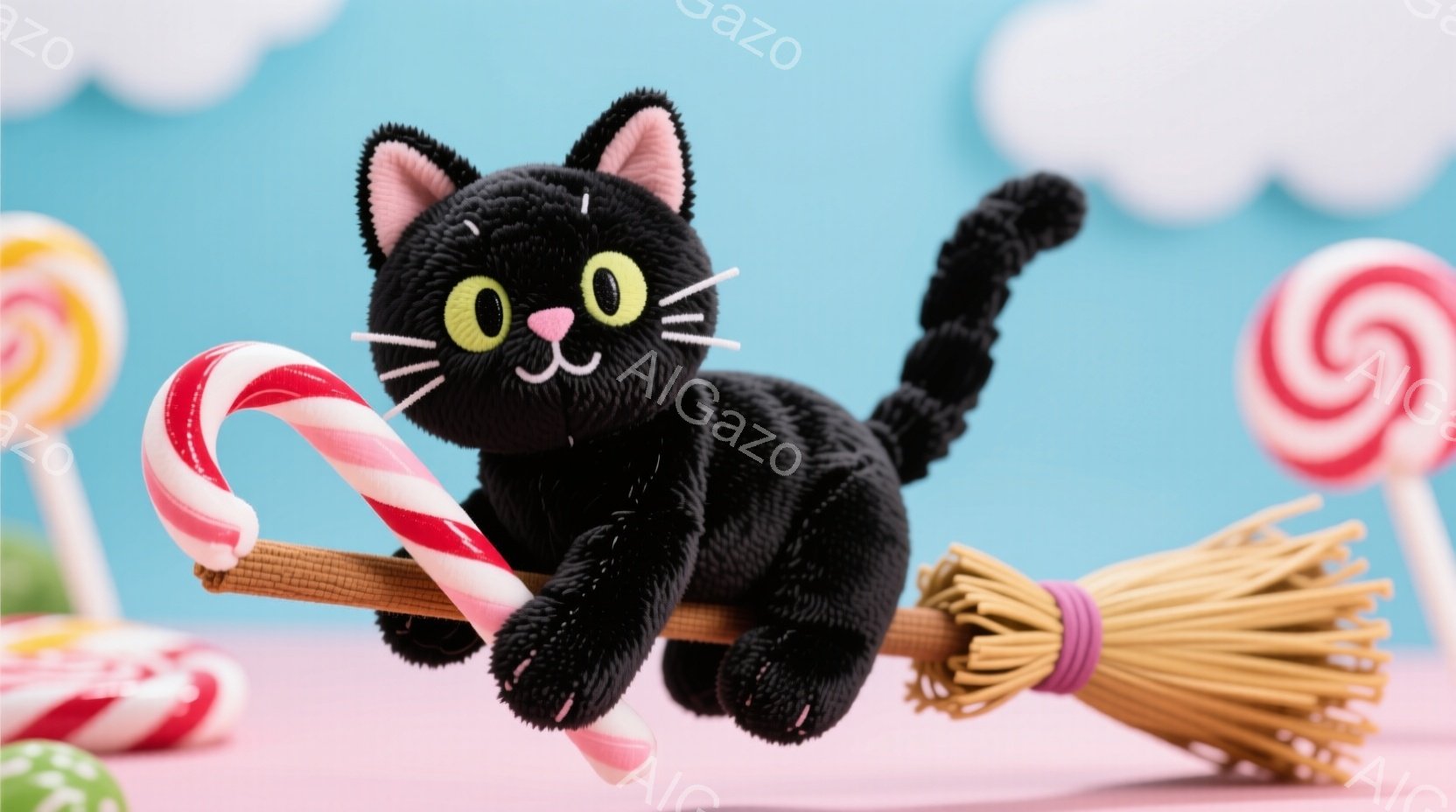 黒い猫が、キャンディで作られた柄の上を飛んでいる様子が描かれています。背景はピンク色の地面と青い空で、カラフルなキャンディが配置され、お祭りや夢のような雰囲気を醸し出しています。猫は楽しそうで、遊び心 - AI生成フリー素材