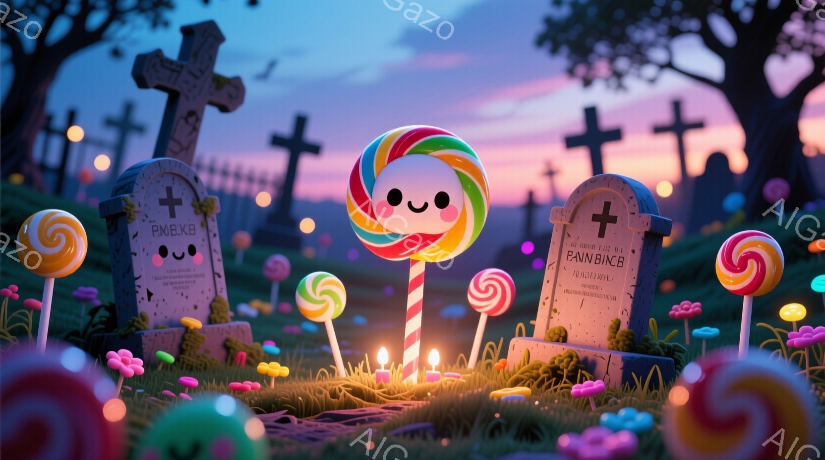 カラフルなキャンディーが墓石の周りに生い茂る、奇妙で夢のような墓地の光景です。墓石にはユーモラスな名前が刻まれ、キャンディーには愛らしい笑顔が描かれています。背景には夕焼け空が広がり、全体の雰囲気はシュールで遊び心に満ちています。