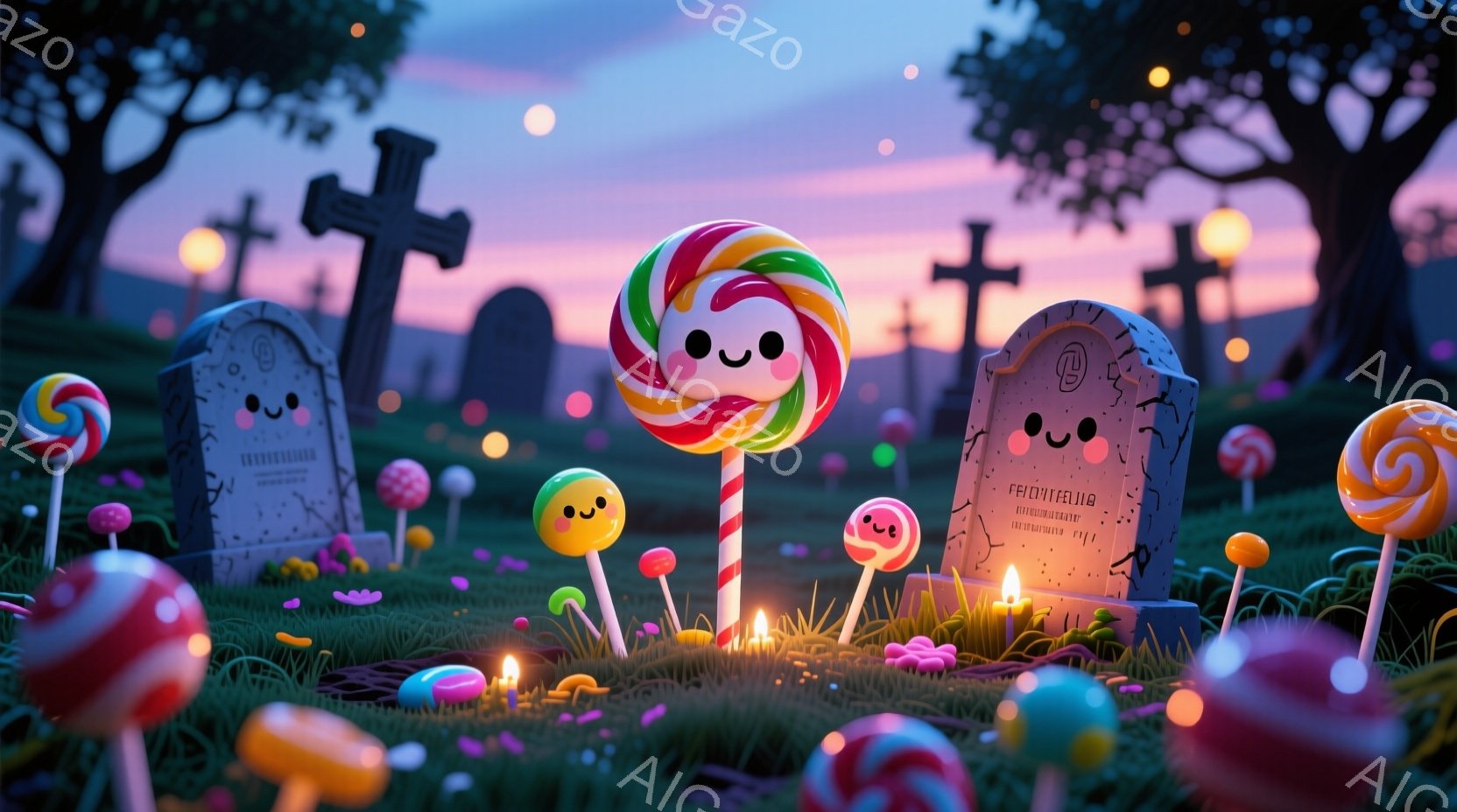 カラフルなキャンディーの墓石が、緑の芝生に点在する墓地に並んでいる。墓石には愛らしい顔が描かれており、周囲には小さなキノコや光るランタンが配置され、夕焼け空の下で幻想的な雰囲気を醸し出している。全体的に可愛らしく、少し不気味ながらも温かい、独特な世界観が表現されている。