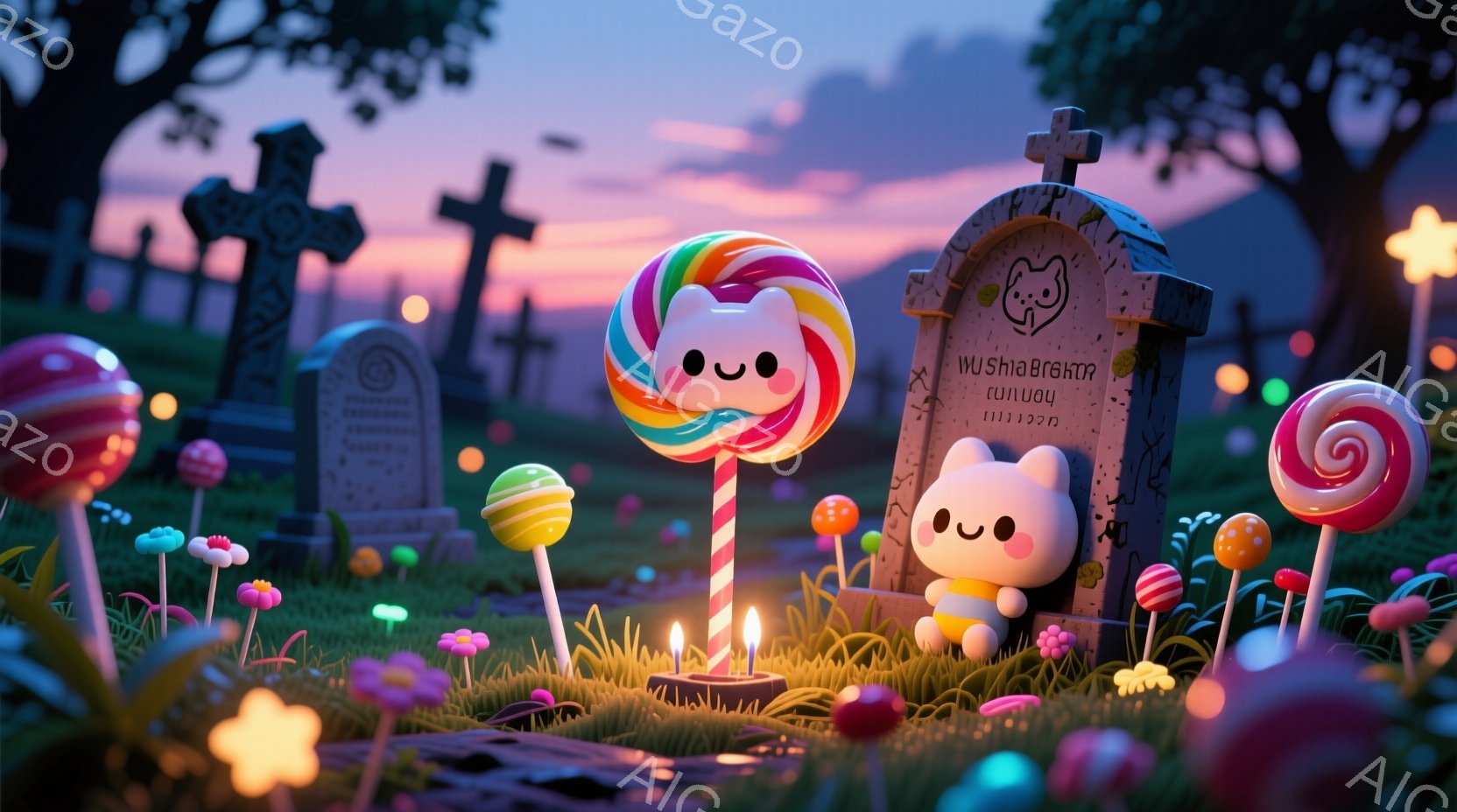 墓地の緑豊かな芝生の上に、カラフルなキャンディが咲き乱れ、その中に可愛らしい猫のキャラクターがいます。大きなキャンディの棒に寄りかかり、もう一匹は墓石の横でうっとりと微笑んでいます。背景には墓石が立ち並び、夕焼けのような空が幻想的な雰囲気を作り出しています。