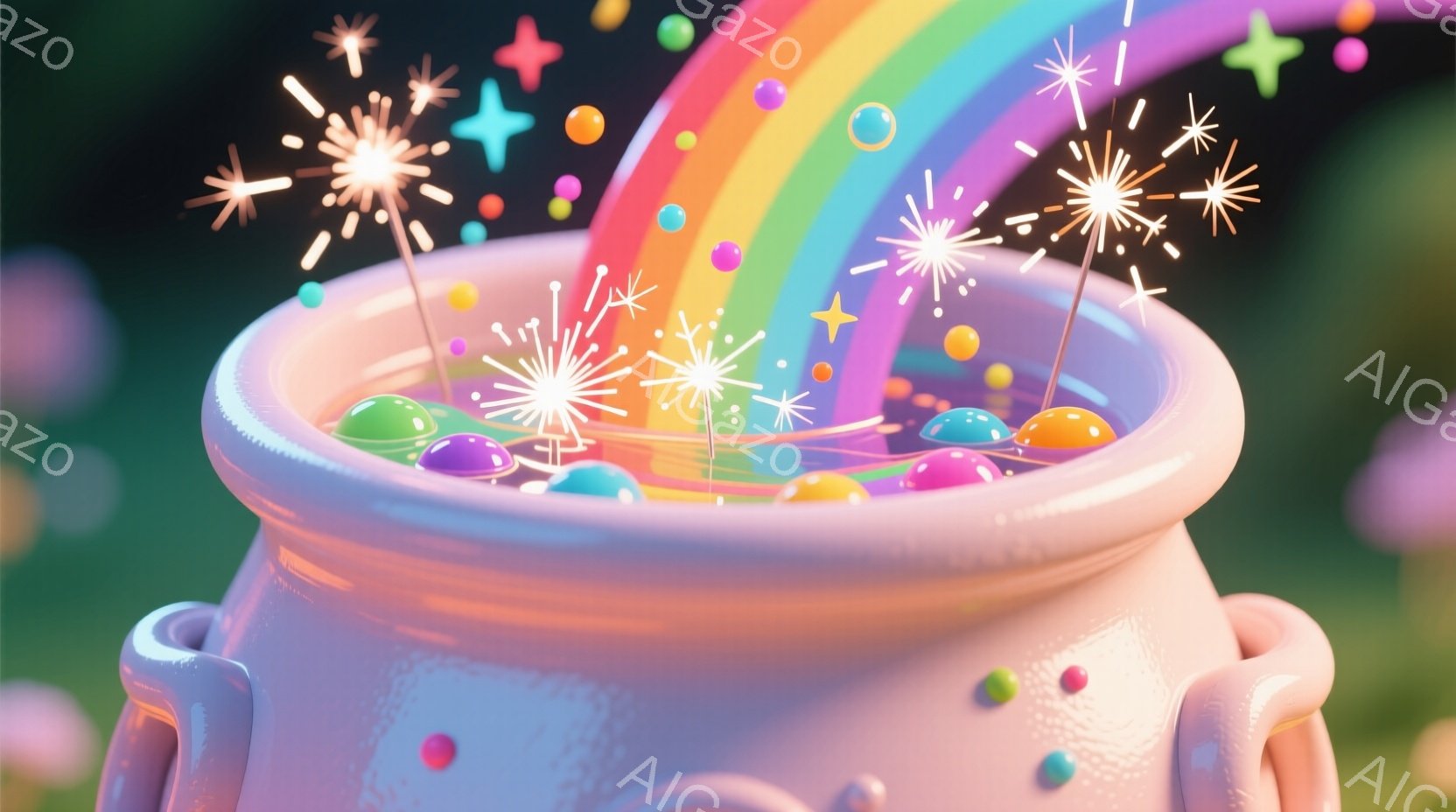 虹色の光が差し込む、ピンク色の壺が描かれています。壺の中にはカラフルな丸いオブジェクトが浮かび、その周りには輝く星のような光のエフェクトが散りばめられています。背景は緑色で、夢のような、幻想的な雰囲気を醸し出しています。