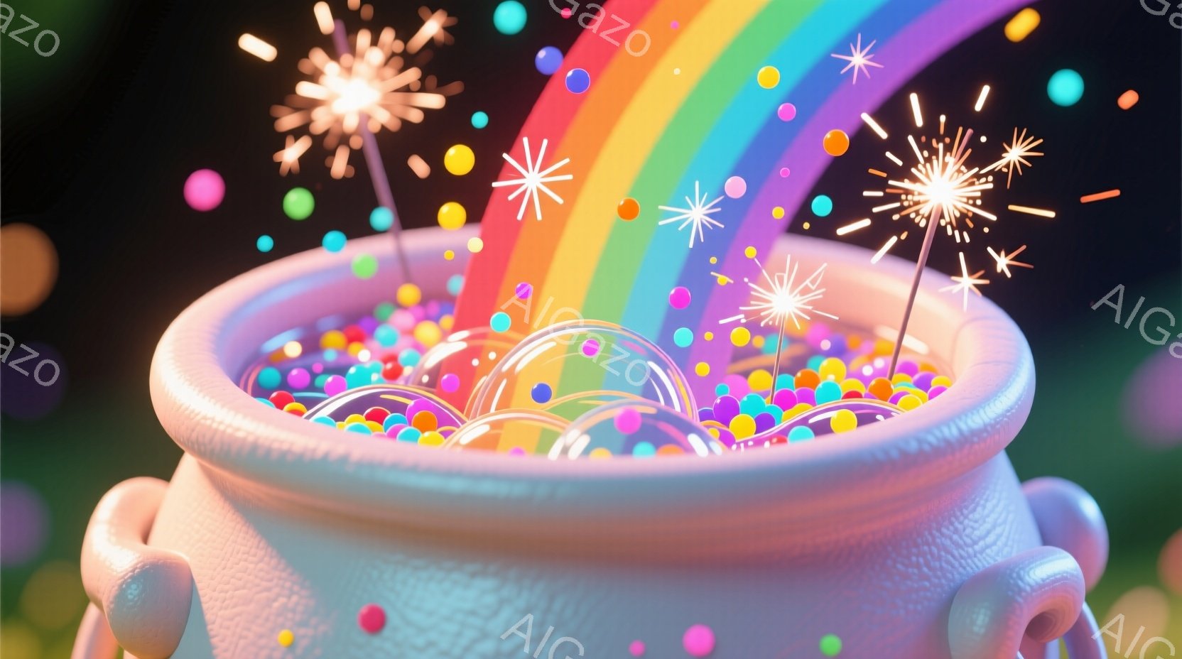 淡いピンク色の壺が画像の中央にあり、カラフルなボールと泡で満たされています。鮮やかな虹が壺の後ろから弧を描き、小さな花火のような光が散りばめられています。全体的に、夢のような、お祝いムードを醸し出すファンタジーアートのようです。
