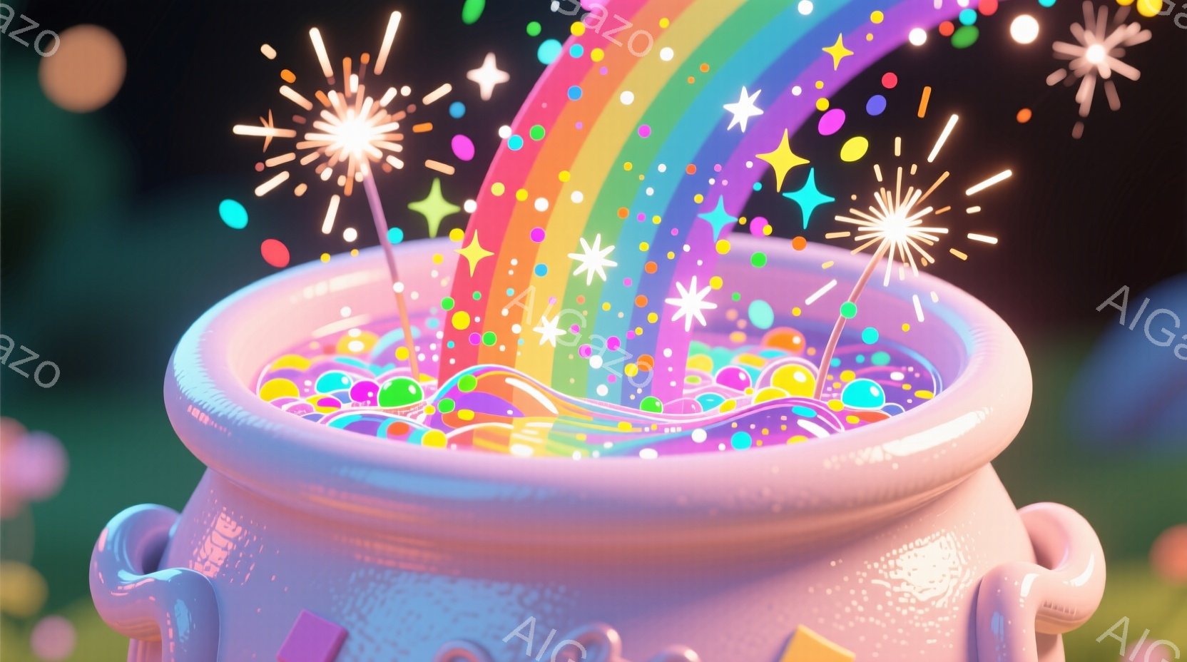淡いピンク色の壺が画像の中央にあり、中には色とりどりの丸いキャンディーのようなものがたくさん詰まっています。壺の上からは虹がアーチ状に伸びており、周りには星や花火のような光の粒子が散りばめられて、夢幻的で楽しい雰囲気を醸し出しています。背景は暗く、光の粒子が際立って、まるで魔法のような世界を表現しているようです。