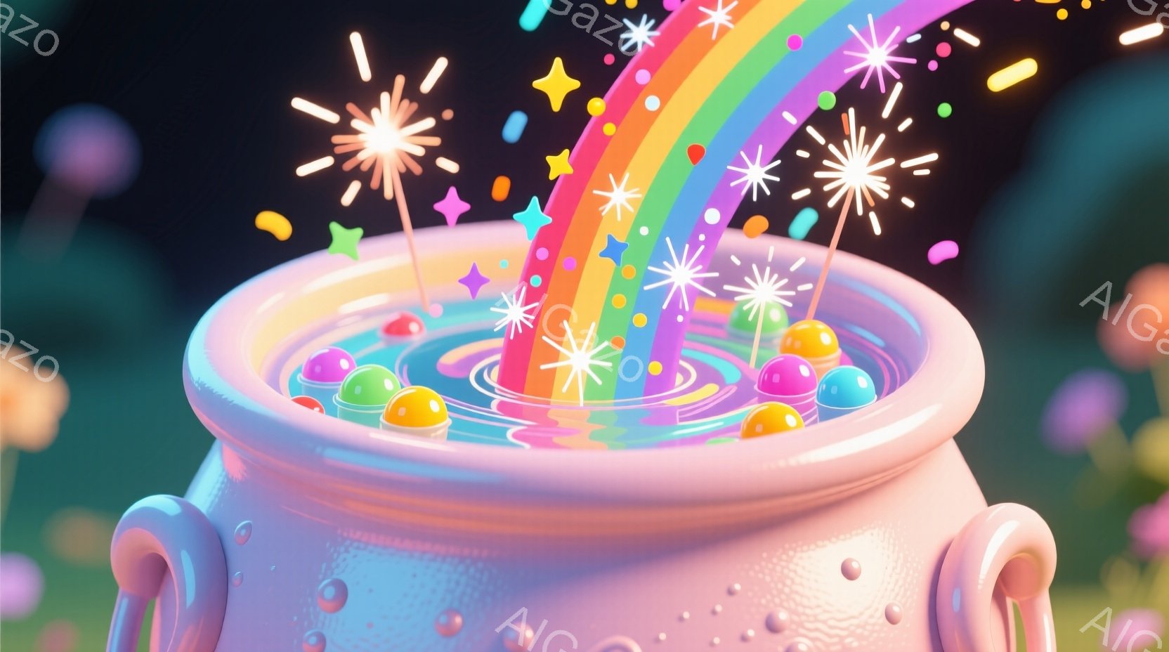 虹色の水が満たされた、淡いピンク色の丸い鍋が中央に描かれています。水面からは虹が立ち上り、鍋の周りにはカラフルな光の粒子や、小さな星のようなものが散りばめられており、ファンタジーのような雰囲気を醸し出 - AI生成フリー素材