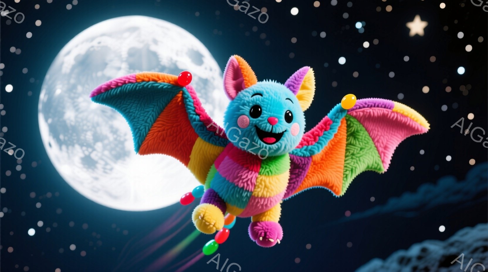 明るい満月を背景に、カラフルなストライプ模様の毛むくじゃらのコウモリが空を飛んでいます。コウモリはピンク、オレンジ、黄色、緑、青、紫の色で構成され、赤い瞳と微笑んだ表情で、まるでキャンディのようなカラ - AI生成フリー素材