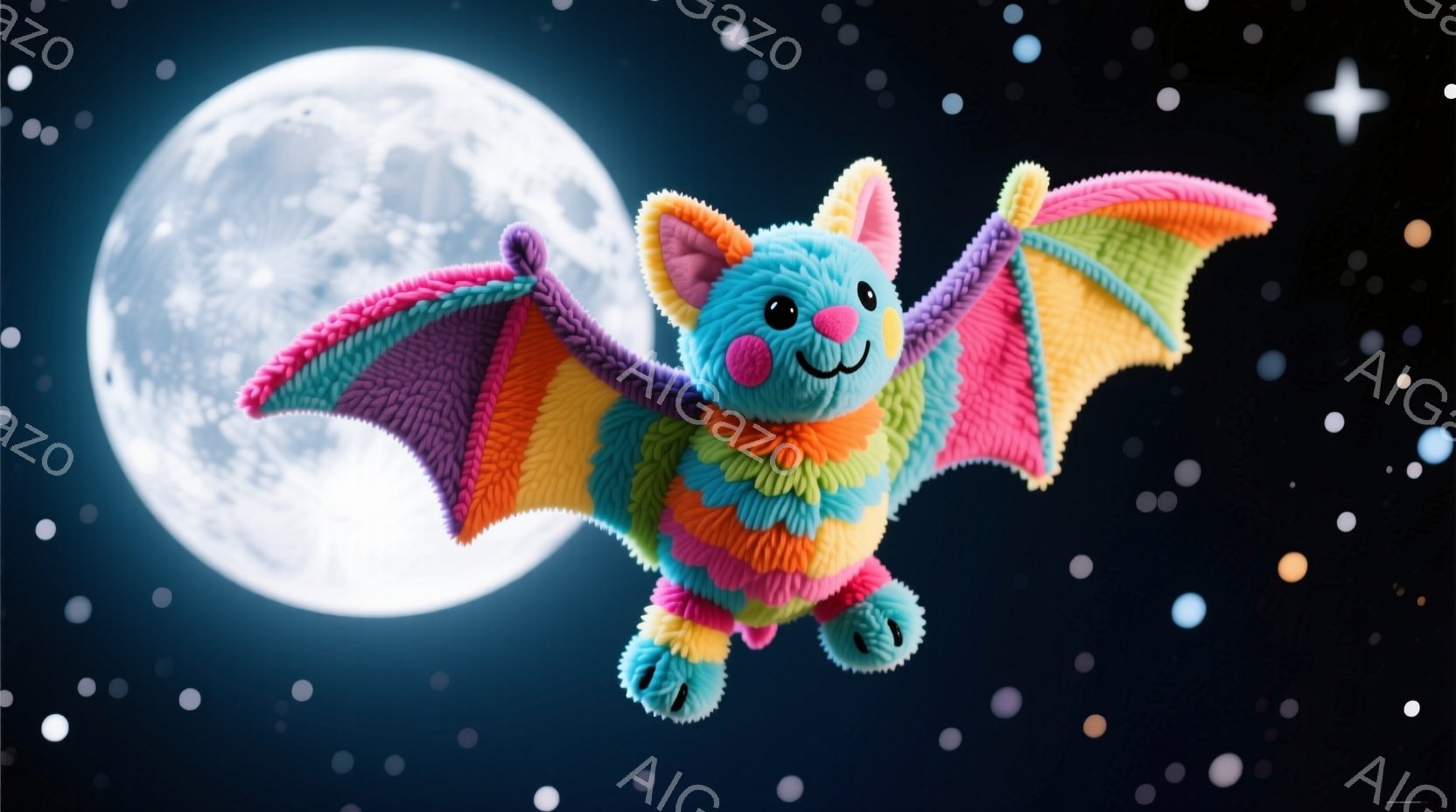 明るい夜空を飛ぶ、カラフルな毛並みのコウモリが描かれています。コウモリは虹色のボディと水色の足を持ち、嬉しそうな表情をしています。背景には大きく明るい満月と、様々な色の星が散りばめられています。 - AI生成フリー素材