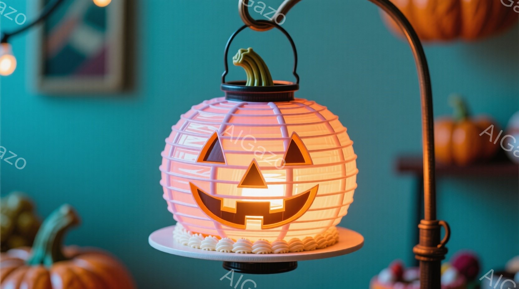 鮮やかなオレンジ色の背景に、ハロウィーンのパンプキンケーキが飾られています。ケーキはパンプキンの形をしており、切り抜かれたジャック・オー・ランタンの顔が光を放っています。背景には、オレンジ色の装飾や他 - AI生成フリー素材