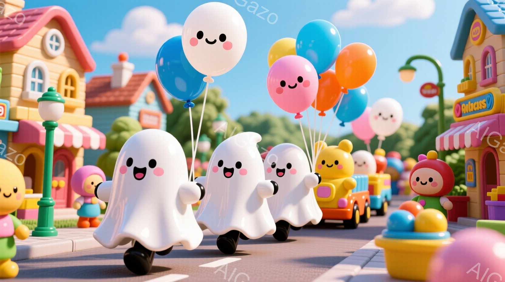 街並みが背景に広がる、可愛らしいお化けのキャラクターたちが描かれています。彼らはそれぞれ足に車輪が付いており、カラフルな風船を手に持って楽しそうに歩いている様子です。背景にはおもちゃのような可愛らしい - AI生成フリー素材
