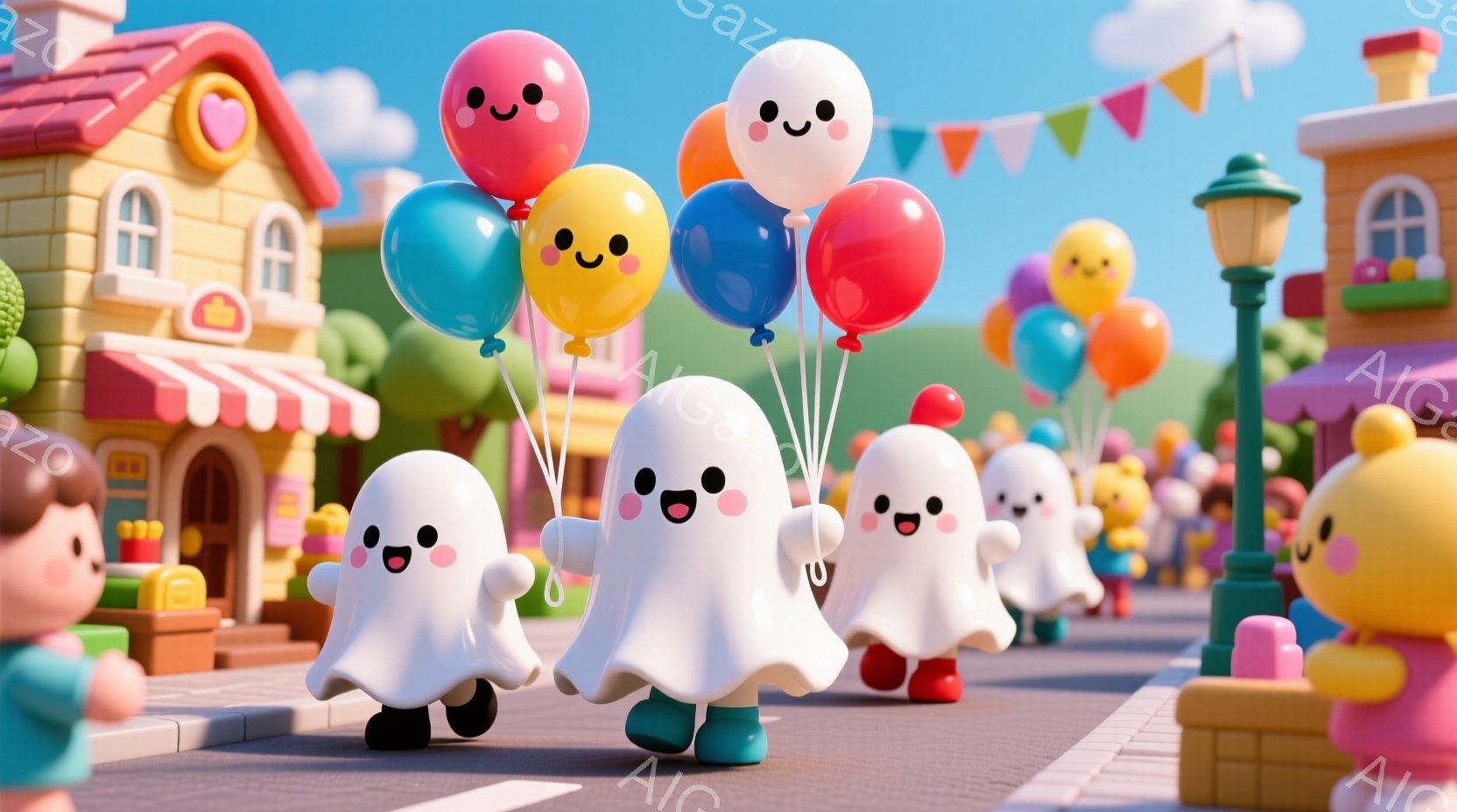 可愛らしいお化けたちがカラフルな風船を持って歩道を歩いている様子が描かれています。背景には、パステルカラーの可愛らしい家々が並び、太陽の光が降り注いでいます。全体的に明るく、遊び心のある、楽しい雰囲気 - AI生成フリー素材