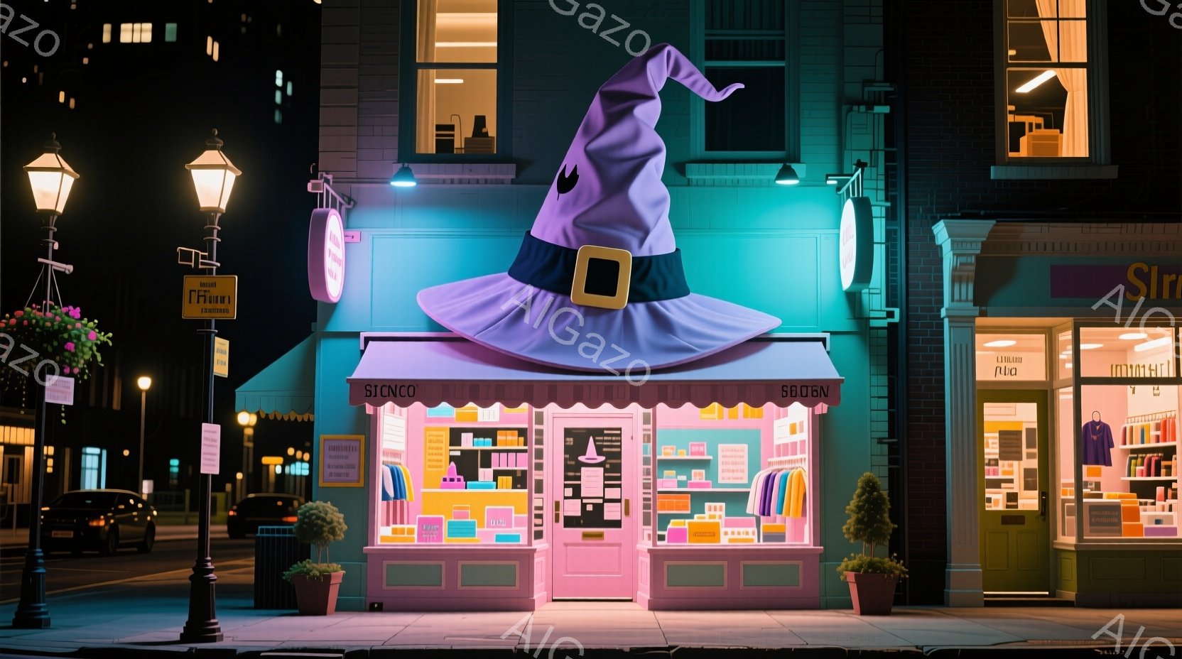 夜の街並みに、緑色の建物が立っている。建物の屋根には大きな魔女の帽子が置かれ、窓にはカラフルな衣類が並んでいる。街灯が灯り、背景には他の建物が見え、夜の静かで幻想的な雰囲気が漂っている。 - AI生成フリー素材
