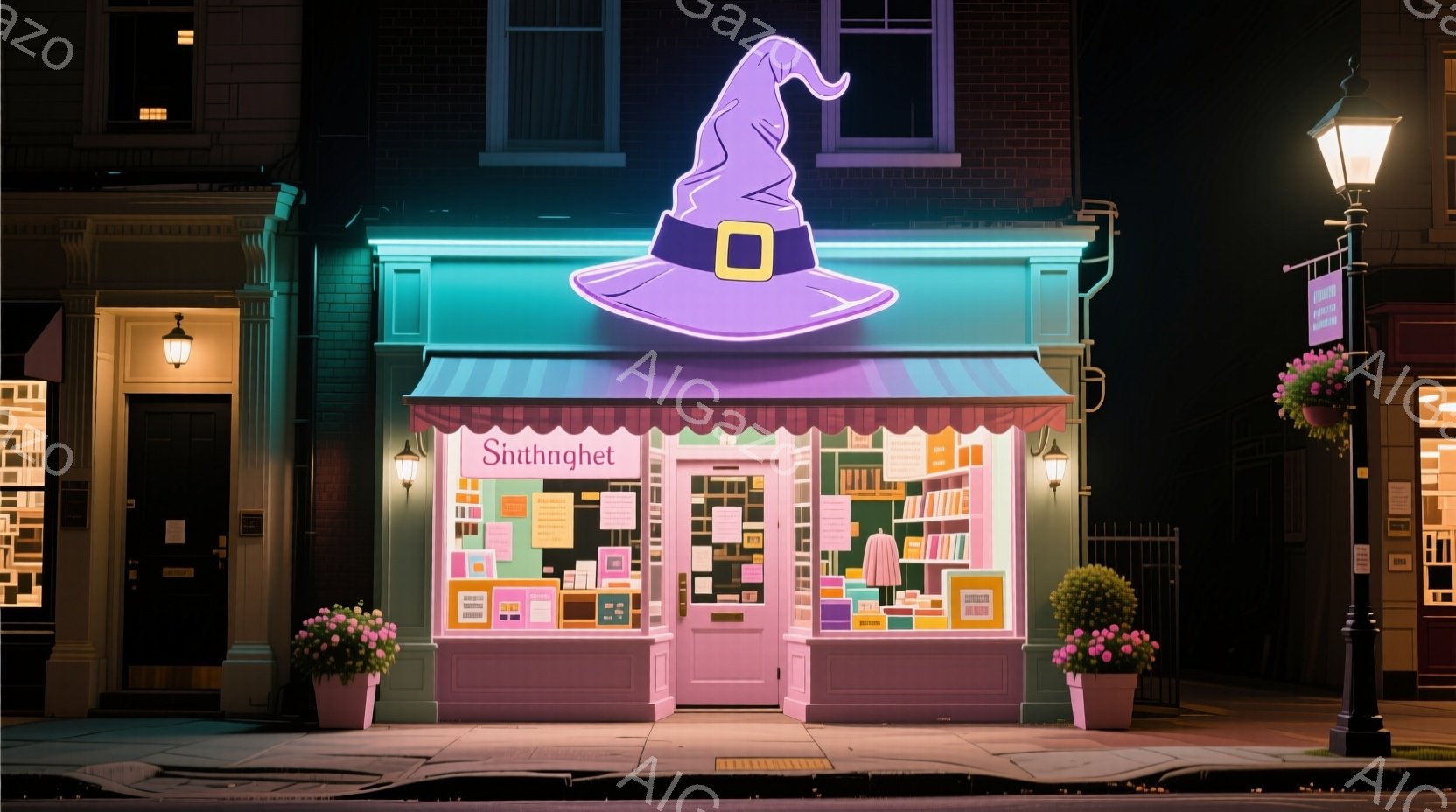 薄暗い夜の街並みに佇む、ピンク色の可愛らしいお店の外観です。店先には「Smithnet」と書かれた看板があり、黒い魔女の帽子が飾られています。周囲はレンガ造りの建物で、街灯が灯り、店の両脇には花が咲き - AI生成フリー素材