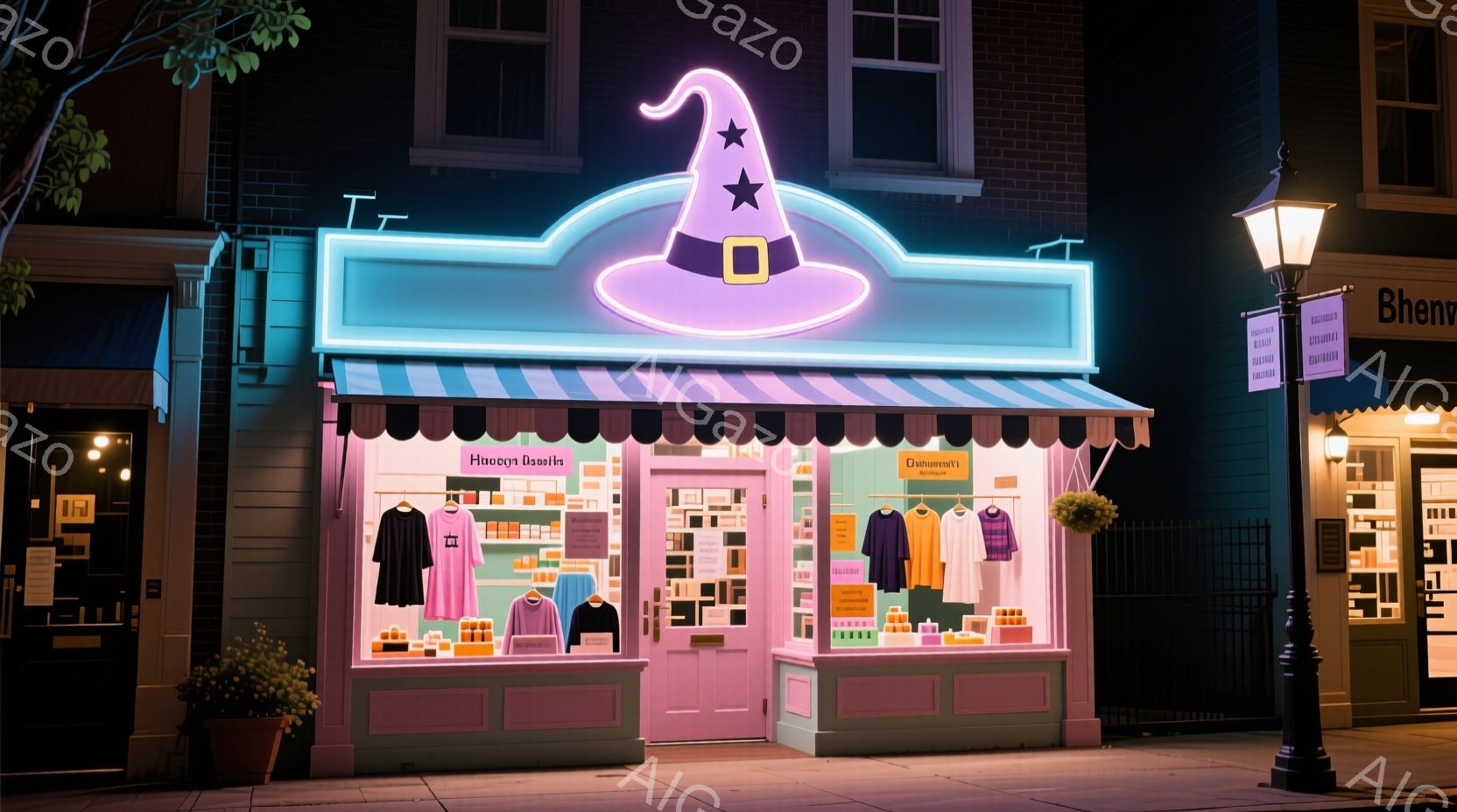 薄暗い夜の街並みに、可愛らしいピンクと水色の店が明るく光っている。ショーウィンドウには、ピンク、紫、水色のカラフルな服や雑貨が並び、ハロウィンのような帽子が店の上部に飾られている。背景には、他の店舗が - AI生成フリー素材