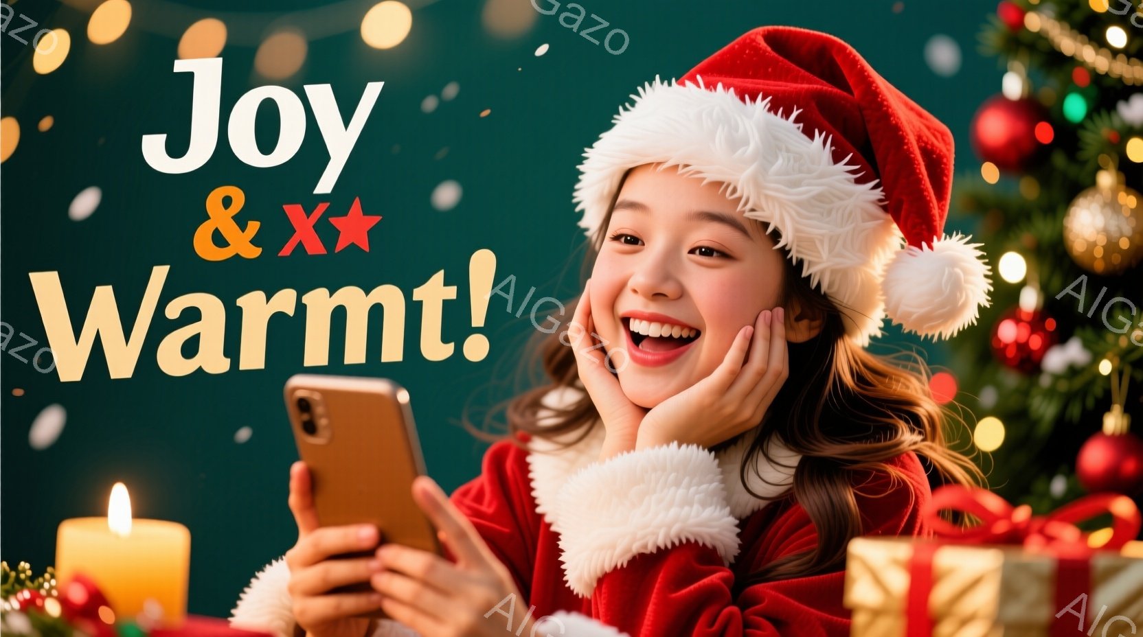 少女は赤いサンタ帽をかぶり、赤いふわふわのコートを着ています。彼女はスマートフォンを両手で抱え、画面を見ながら満面の笑みを浮かべています。背景にはクリスマスツリーとプレゼントボックス、そしてぼんやりと - AI生成フリー素材