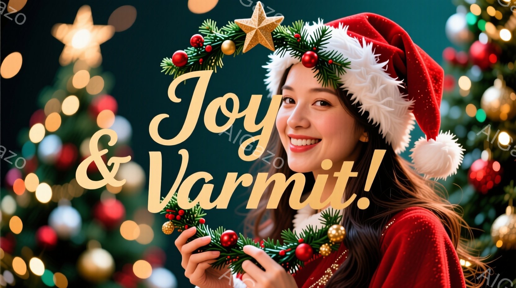 クリスマスを祝う女性が写っています。彼女は赤いサンタ帽をかぶり、白い毛皮のトリミングが付いた赤いセーターを着ています。背景には、ぼやけたクリスマスツリーのライトが輝き、暖かくお祝いの雰囲気を醸し出して - AI生成フリー素材