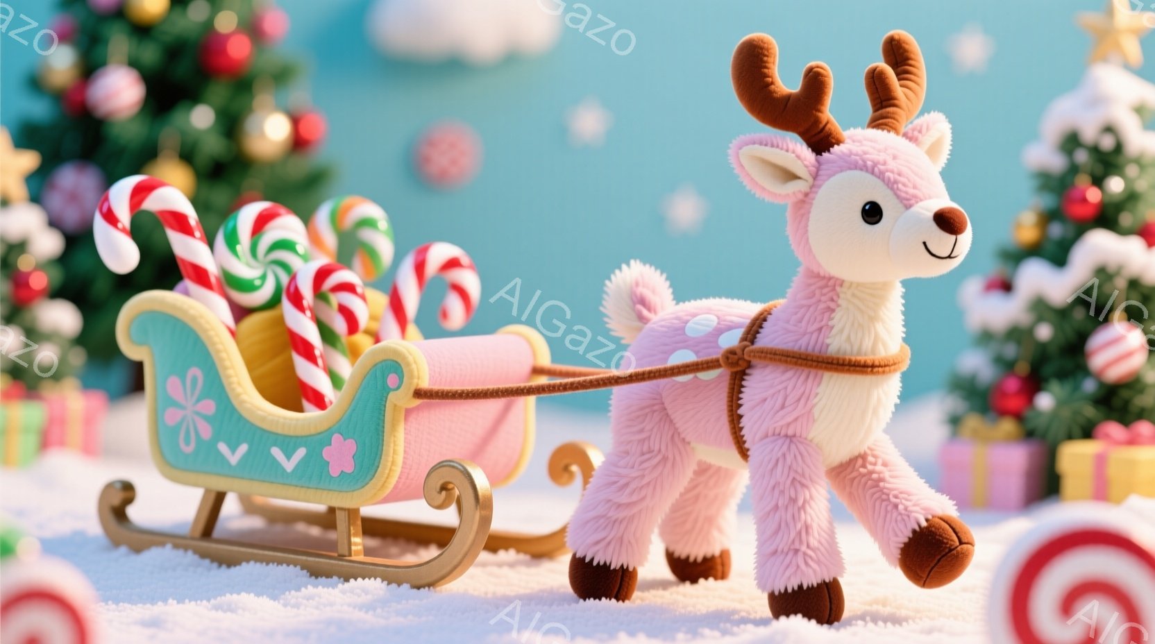 ピンク色の毛並みを持つトナカイが、水色の背景の雪景色の中で、小さなピンク色のそりを引いています。そりにはキャンディケーンが詰め込まれ、背景にはクリスマスツリーやプレゼントが置かれ、全体的に温かく、お祭 - AI生成フリー素材