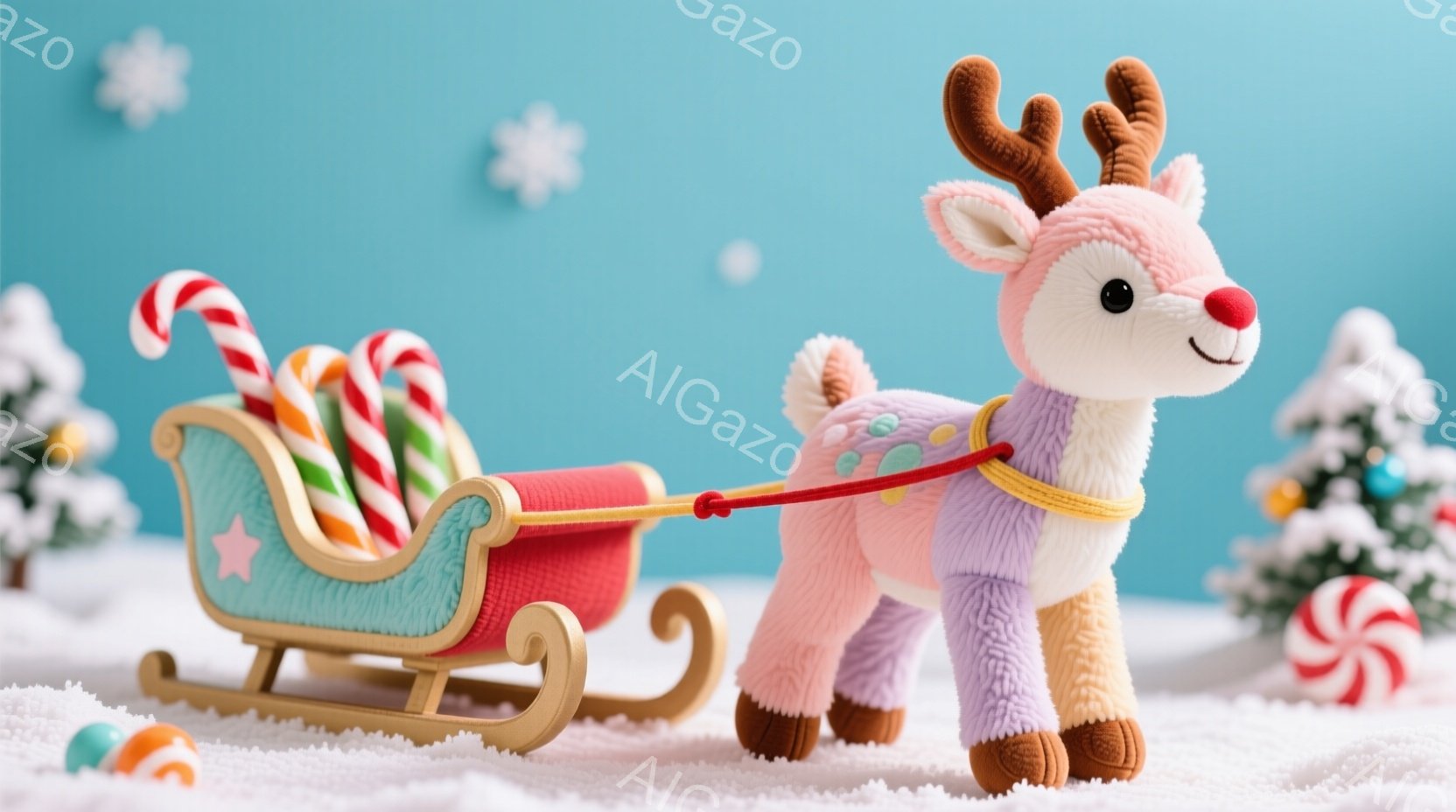 明るいピンクと紫色の毛並みを持つ可愛いトナカイのぬいぐるみが、赤いそりに大量のキャンディケーンを積んで立っています。雪の上に立っており、背景には雪化粧したクリスマスツリーと星が散りばめられています。全 - AI生成フリー素材