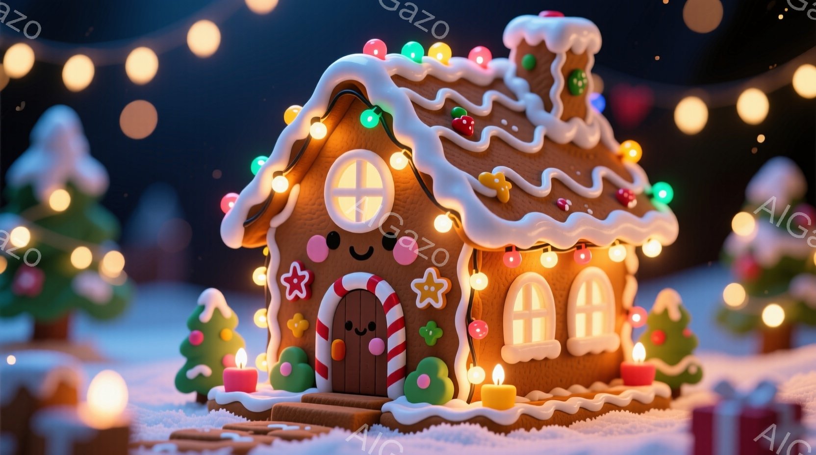 暖かく光るジンジャーブレッドハウスが雪景色の中にあります。屋根は白いアイシングで覆われ、カラフルなキャンディーやクッキーで飾られています。背景には、ぼんやりとした緑の木々と、きらめく光の玉が散りばめら - AI生成フリー素材