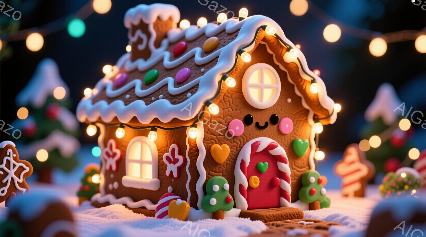 ジンジャーブレッドハウスが雪景色の中に建っており、屋根には白いアイシングがデコレーションされています。カラフルなキャンディやクッキーで飾られた可愛らしい玄関と窓が特徴で、全体的に温かく、お祭り気分を醸 - AI生成フリー素材