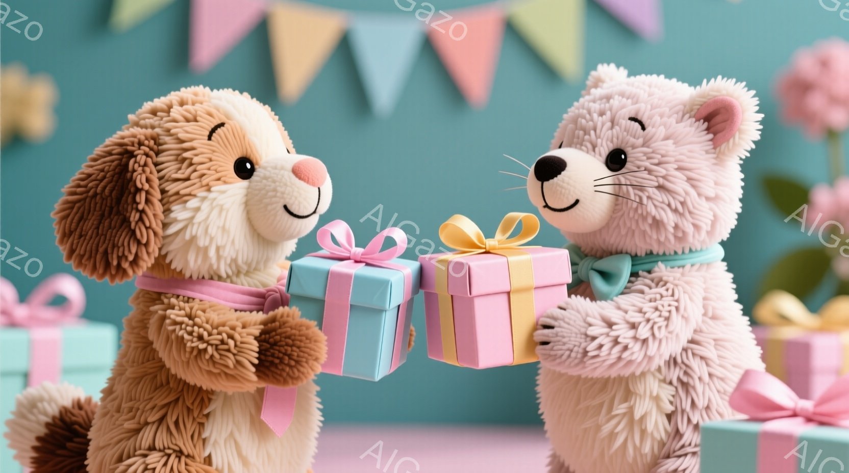 ふわふわの茶色の犬のぬいぐるみとピンク色のクマのぬいぐるみが、お互いにプレゼントを交換しようとしています。犬はオレンジ色のリボン、クマはターコイズブルーのリボンを首に巻いており、どちらも笑顔でプレゼン - AI生成フリー素材
