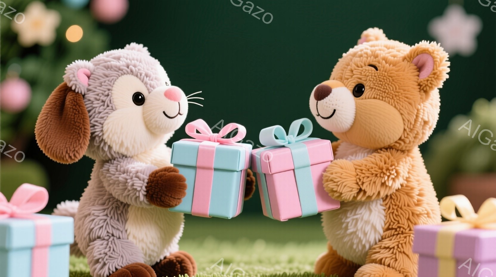 ふわふわのテディベアと犬のぬいぐるみのおもちゃが、それぞれピンクと水色のリボンで飾られたプレゼントボックスを互いに差し出しています。背景は緑色の芝生で、カラフルな花が散りばめられた装飾が施されており、全体的に温かくお祝いムードにあふれています。ぬいぐるみたちは笑顔で、贈り物交換を通して喜びを分かち合っているようです。