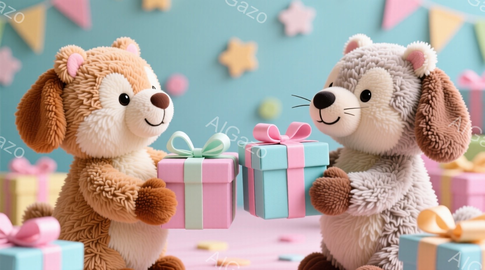 ふわふわのテディベアが2匹、それぞれピンクと水色のプレゼントボックスを抱えています。ベアは明るい表情で向き合い、ギフトを交換しようとしている様子です。背景にはパステルカラーの星形の飾りと、他のギフトボ - AI生成フリー素材
