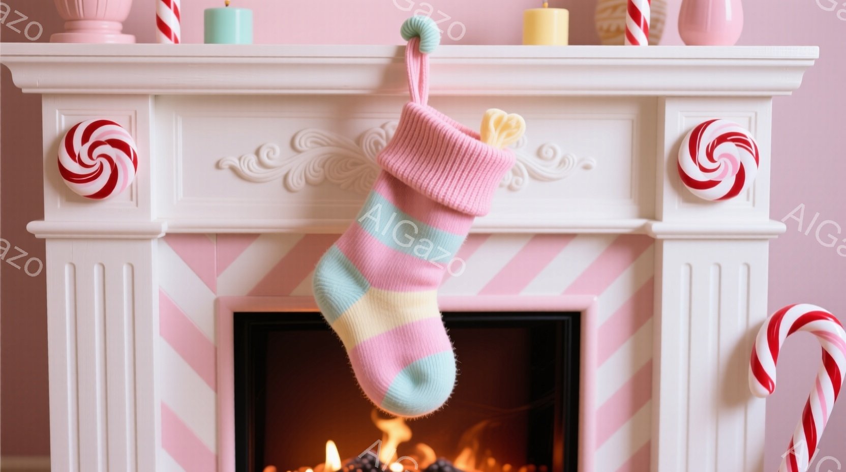 白い暖炉の上に、ピンク、黄、水色のストライプが施されたクリスマスソックスが掛けられています。暖炉の中には火が燃えており、背景の壁はピンクと白のストライプ模様で、クリスマスキャンドルやキャンディケーンが - AI生成フリー素材