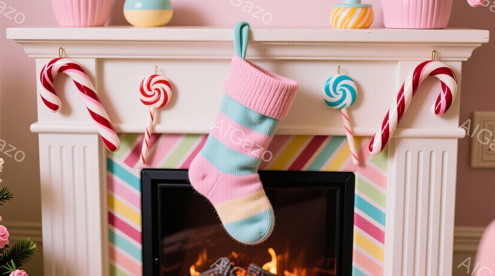 暖炉の上に、ピンクと水色のストッキングが掛けられています。ストッキングの周りには、赤と白のキャンディケーンや渦巻きキャンディが飾られています。暖炉の中には火が燃えており、背景の壁はストライプ模様で、全 - AI生成フリー素材