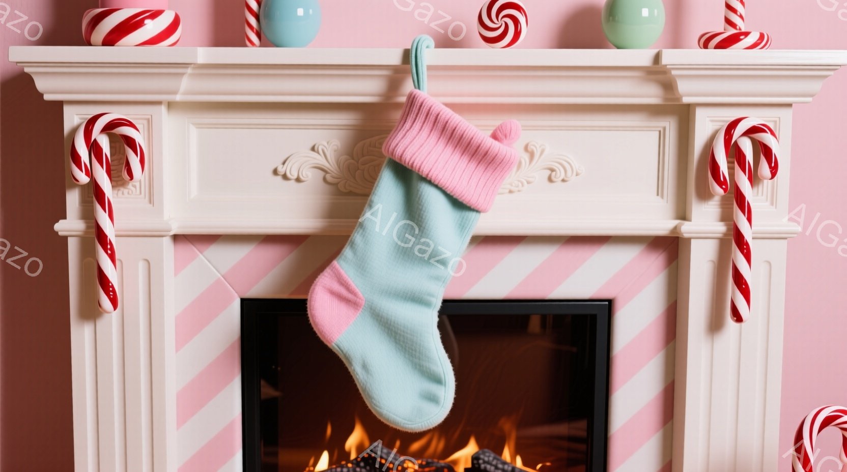 白い暖炉の上のピンクとターコイズ色のストッキングが飾られています。背景はピンクと白のストライプ模様で、キャンディケーンが暖炉の左右に飾られています。暖炉の中には炎が燃えており、クリスマスの温かくお祝い - AI生成フリー素材