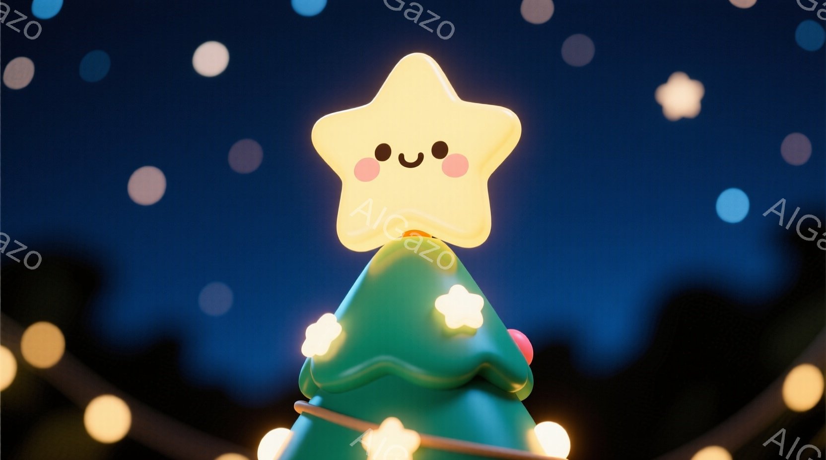 鮮やかな緑色のミニチュアのクリスマスツリーが描かれており、星形のトップスターが付いています。トップスターには可愛らしい笑顔が描かれ、ツリー全体が暖かい黄色の光で照らされています。背景は濃い青色で、ぼや - AI生成フリー素材