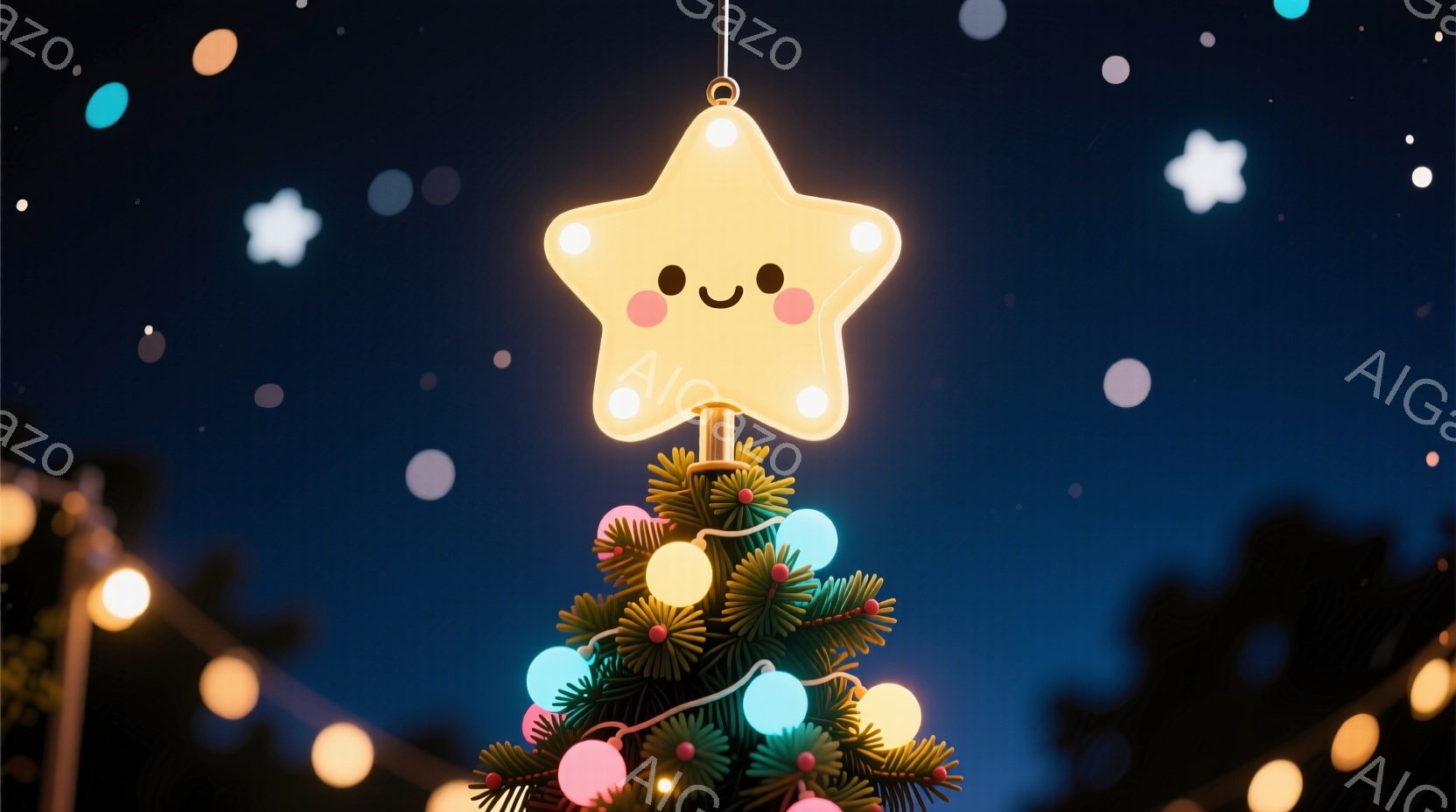深い青色の夜空を背景に、クリスマスのツリーの頂上に可愛らしい星のオーナメントが飾られています。星は温かい光を放ち、笑顔の表情をしています。ツリーは様々な色のライトで彩られ、背景にはぼんやりとした街並み - AI生成フリー素材