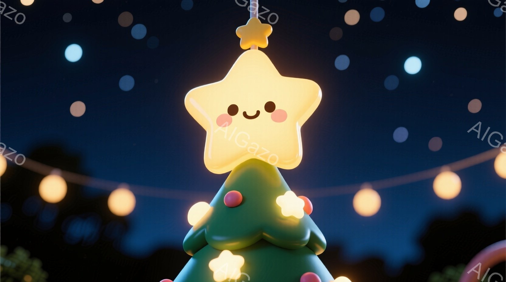 鮮やかな緑色の小さなクリスマスツリーが描かれており、赤色の丸い飾りと光る星型のオーナメントで飾られています。背景は暗い夜空で、ぼやけた光のストリングライトと点在する光が幻想的な雰囲気を醸し出しています - AI生成フリー素材