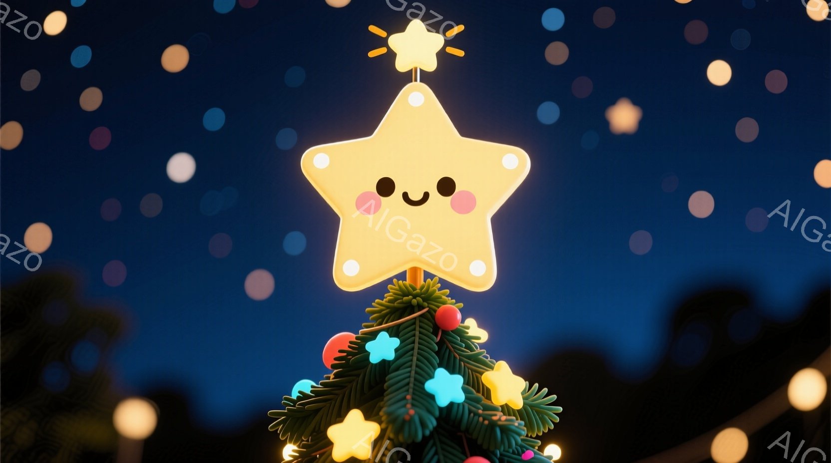 鮮やかなクリスマスツリーの頂上に、笑顔の星が飾られています。ツリーは緑色の葉とカラフルな電飾で彩られ、背景にはぼやけた光の玉が夜空に散りばめられています。暖かく穏やかな雰囲気で、冬の夜の祝祭気分を感じ - AI生成フリー素材