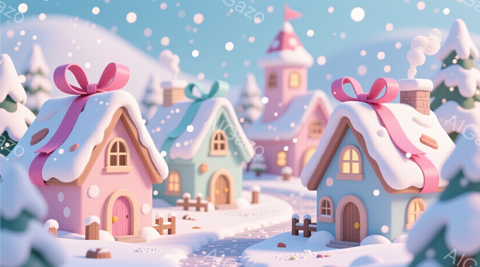 雪が降り積もる可愛らしい家々が並ぶ冬の風景です。家々はパステルカラーで統一され、屋根には大きなリボンが飾られています。全体的に暖かく、夢のような雰囲気が漂い、クリスマスの絵本のような世界観です。