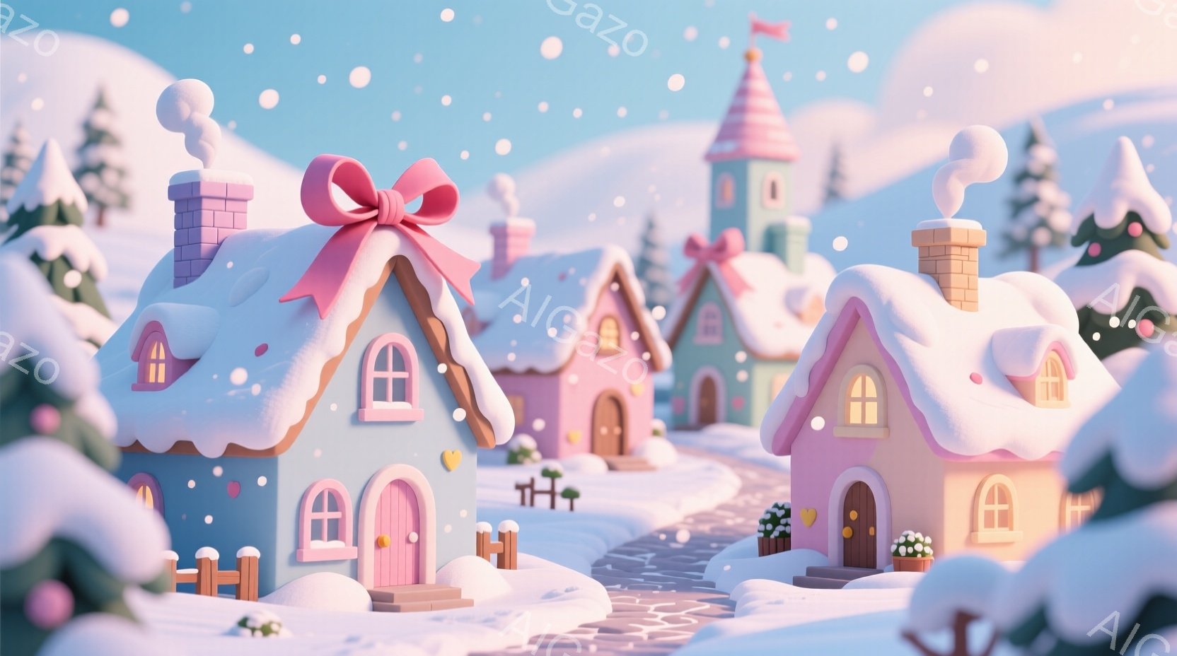 雪が降る可愛らしい村の風景です。パステルカラーの家々が並び、それぞれ屋根には雪が積もり、一部には大きなリボンが飾られています。背景には雪化粧した木々と、穏やかな冬の空が広がり、暖かく幻想的な雰囲気を醸 - AI生成フリー素材