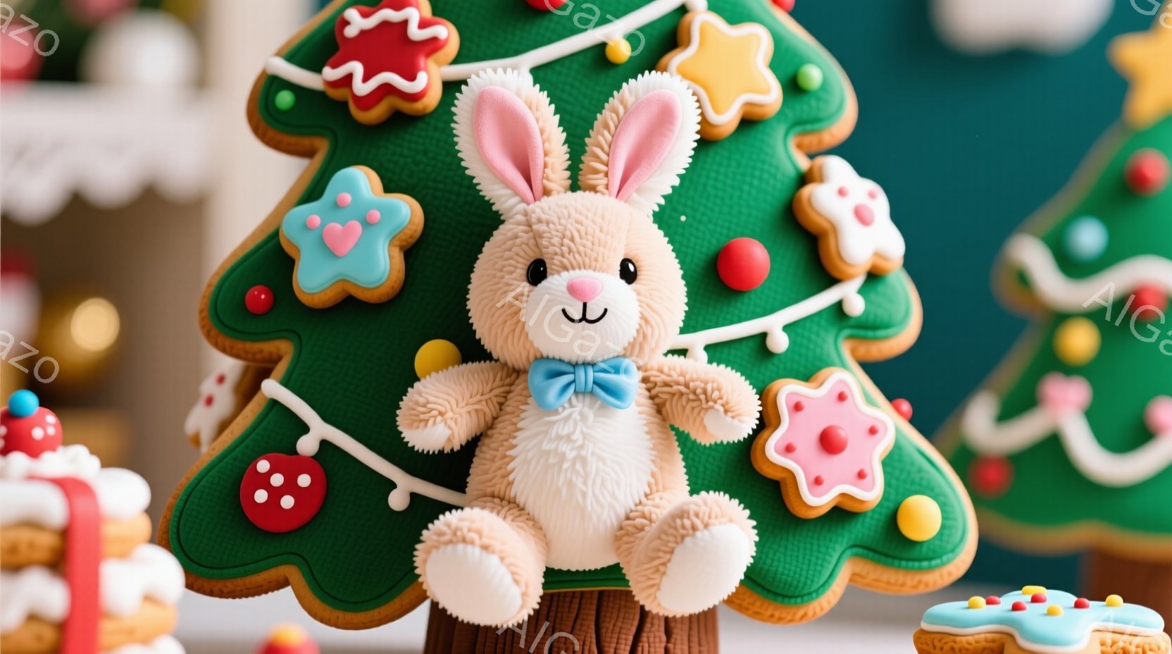 優しい色合いのクリスマス背景の中に、ふわふわのクリーム色のウサギのぬいぐるみがお菓子で作られたクリスマスツリーに座っています。ウサギは明るい水色のリボンをつけており、幸せそうに微笑んでいます。背景には - AI生成フリー素材