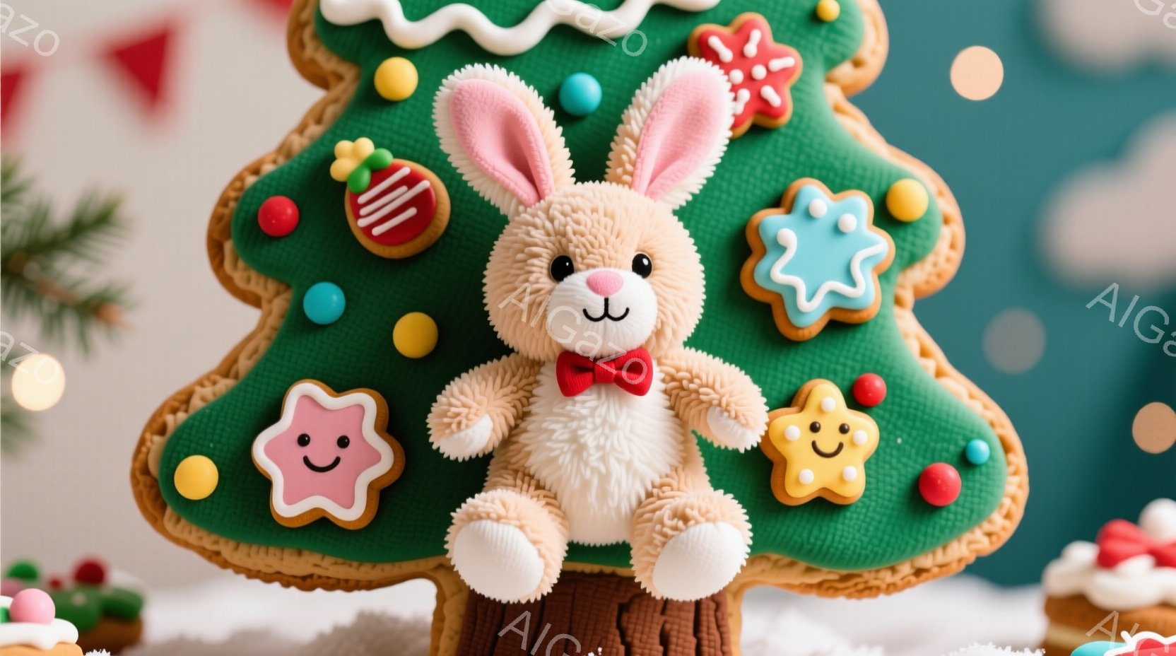 緑色のクリスマスツリーのクッキーの上に、ふわふわのベージュ色のウサギのぬいぐるみが座っています。赤い蝶ネクタイを付け、穏やかな表情で正面を見つめており、周りにはカラフルなクッキーが飾り付けられています - AI生成フリー素材