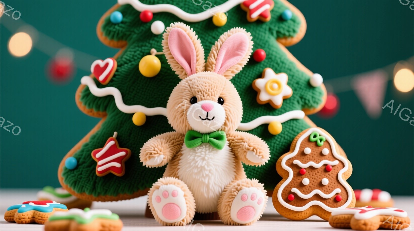 暖炉の前に置かれた、クリスマスをテーマにした可愛らしい風景です。ふわふわのベージュ色のウサギのぬいぐるみは、緑色のリボンをつけて座っており、正面にはジンジャーブレッドで作られたクリスマスツリーとクッキ - AI生成フリー素材