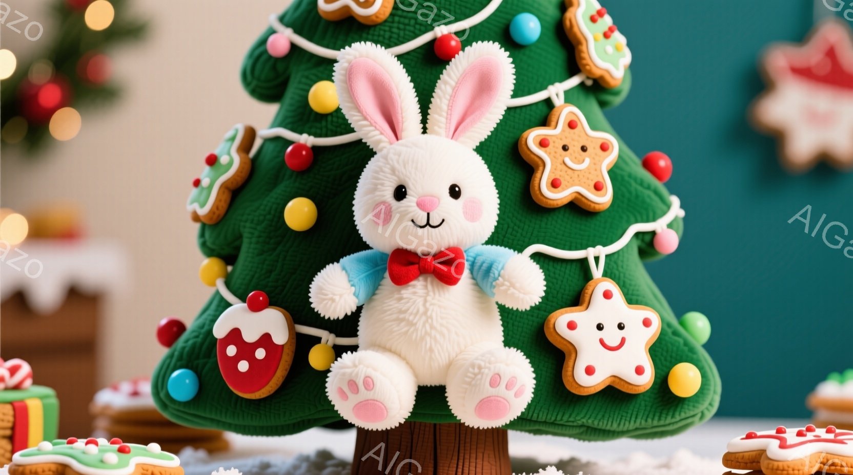 ふわふわの白いウサギが、クリスマスツリーのように見えるケーキの上に座っています。ウサギは赤いリボンをつけており、ピンク色の耳と可愛らしい表情をしています。背景には、プレゼントやクッキーなどのクリスマス - AI生成フリー素材