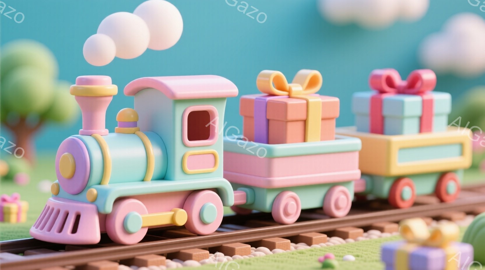 明るいパステルカラーの列車が、緑の芝生の上を走っています。列車はピンクと水色の車輌で構成され、各車輌にはカラフルなプレゼントボックスが積み重ねられています。背景には、丸い雲と、ぼやけた緑の木々が見え、 - AI生成フリー素材