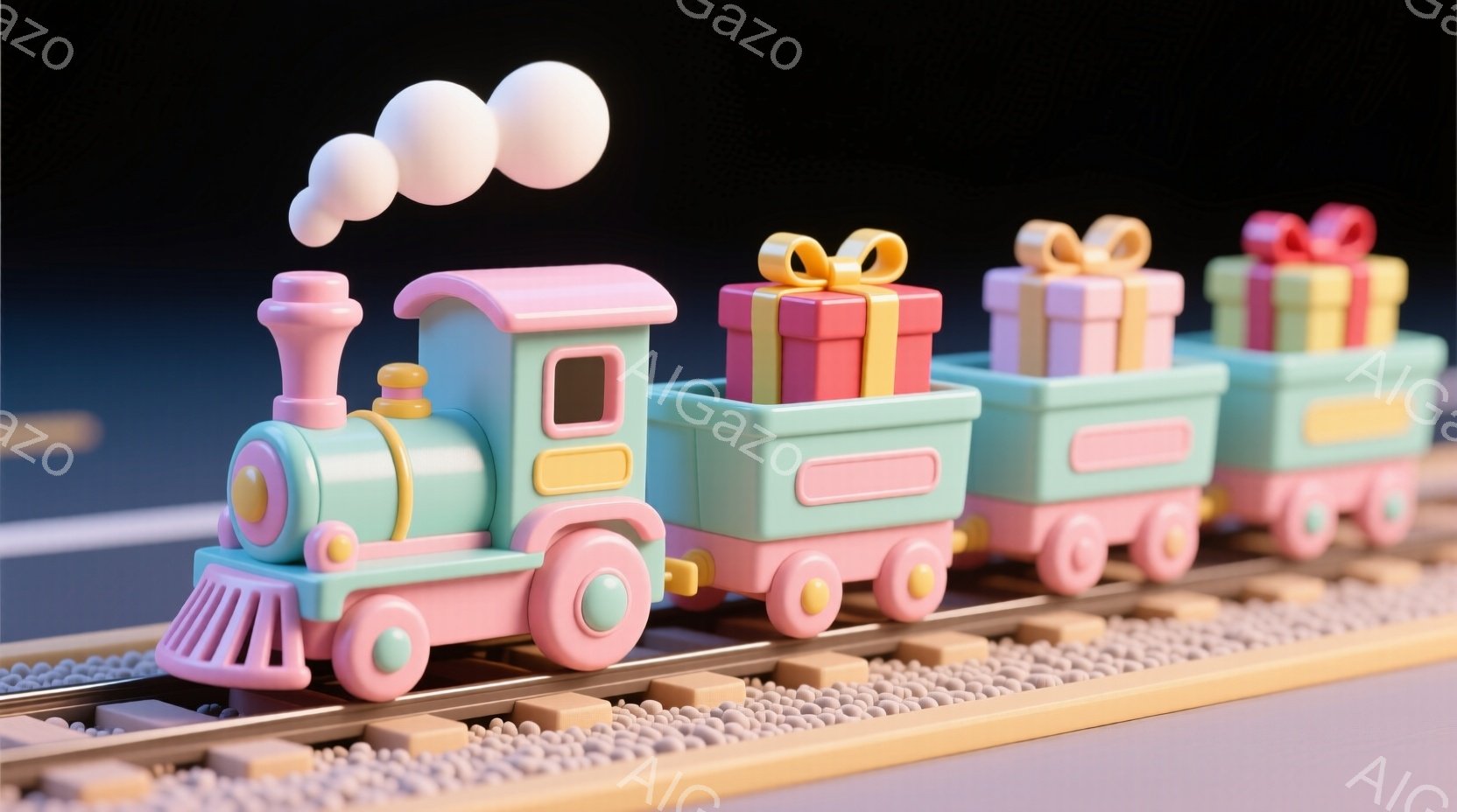 明るいピンクと水色の列車が、プレゼントの箱を積んで線路を走っている様子が描かれています。列車は丸みを帯びた可愛らしいデザインで、煙突からは白い煙が立ち上っています。背景は暗い色合いで、列車が際立っており、全体的に明るく楽しい雰囲気です。
