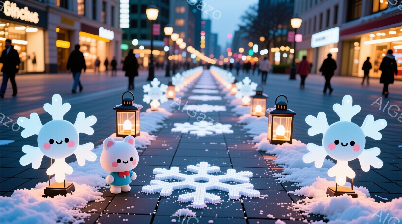 舗装された通りに、光る雪の結晶のイルミネーションが並び、人々が歩いている夜の風景です。人々は冬の服装で、遠くに見える建物は店やレストランで、賑やかな街並みを形成しています。イルミネーションと人々の姿か - AI生成フリー素材