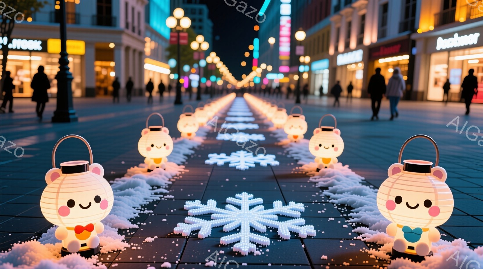 夜の街路が、かわいらしいクマの形をしたランタンと光の雪の結晶で飾られています。歩行者たちは冬の服装で、遠くに見え、背景には明るい照明の建物が並んでいます。全体的に、暖かく、幻想的な冬の雰囲気を感じさせ - AI生成フリー素材