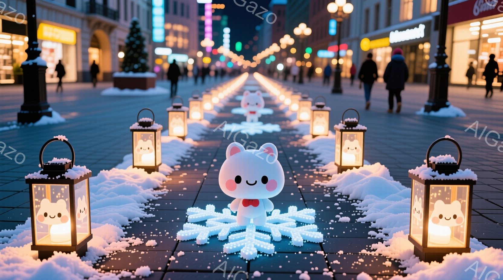 凍り付いた石畳の道に、かわいらしい雪の結晶と提灯が並んでいます。提灯には笑顔のキャラクターが描かれており、まるで小さな妖精のようです。背景には、ライトアップされた建物が立ち並び、冬の夜の幻想的な雰囲気を醸し出しています。