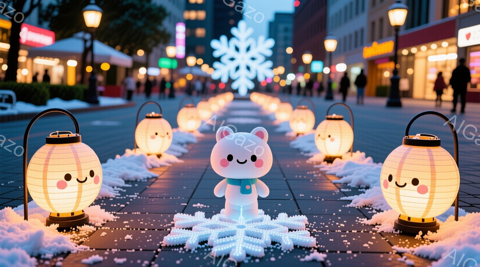 雪が降る夜の街並みを背景に、可愛らしいクマのキャラクターがイルミネーションの中に立っている。クマは白い服を着ており、青いボタンがアクセントになっている、穏やかな表情でこちらを見ている。背景には、温かい - AI生成フリー素材