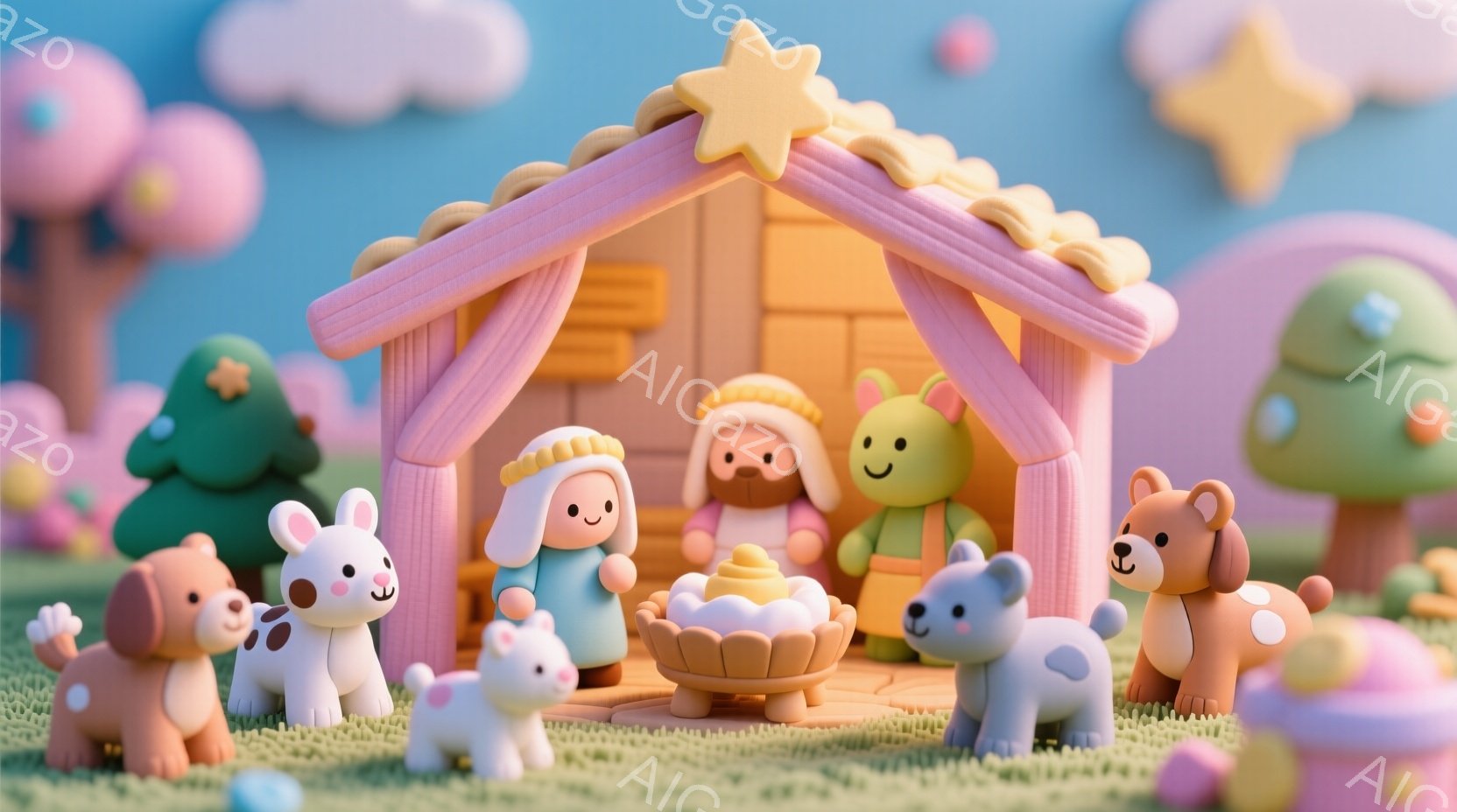 可愛らしい動物たちが集まったクリスマスのシーンを描いています。動物たちはそれぞれカラフルな服を着ており、笑顔で集まっています。背景にはパステルカラーの建物や木々が配置され、暖かく穏やかなクリスマスの雰 - AI生成フリー素材